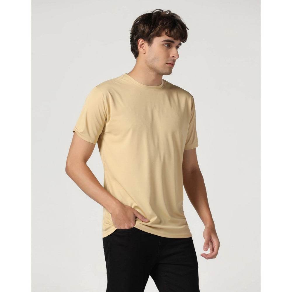 Generic Men's Casual Half Sleeve Solid Polyester Round Neck T-shirt (Beige) - MYLUXURY LANE ENTERPRISE