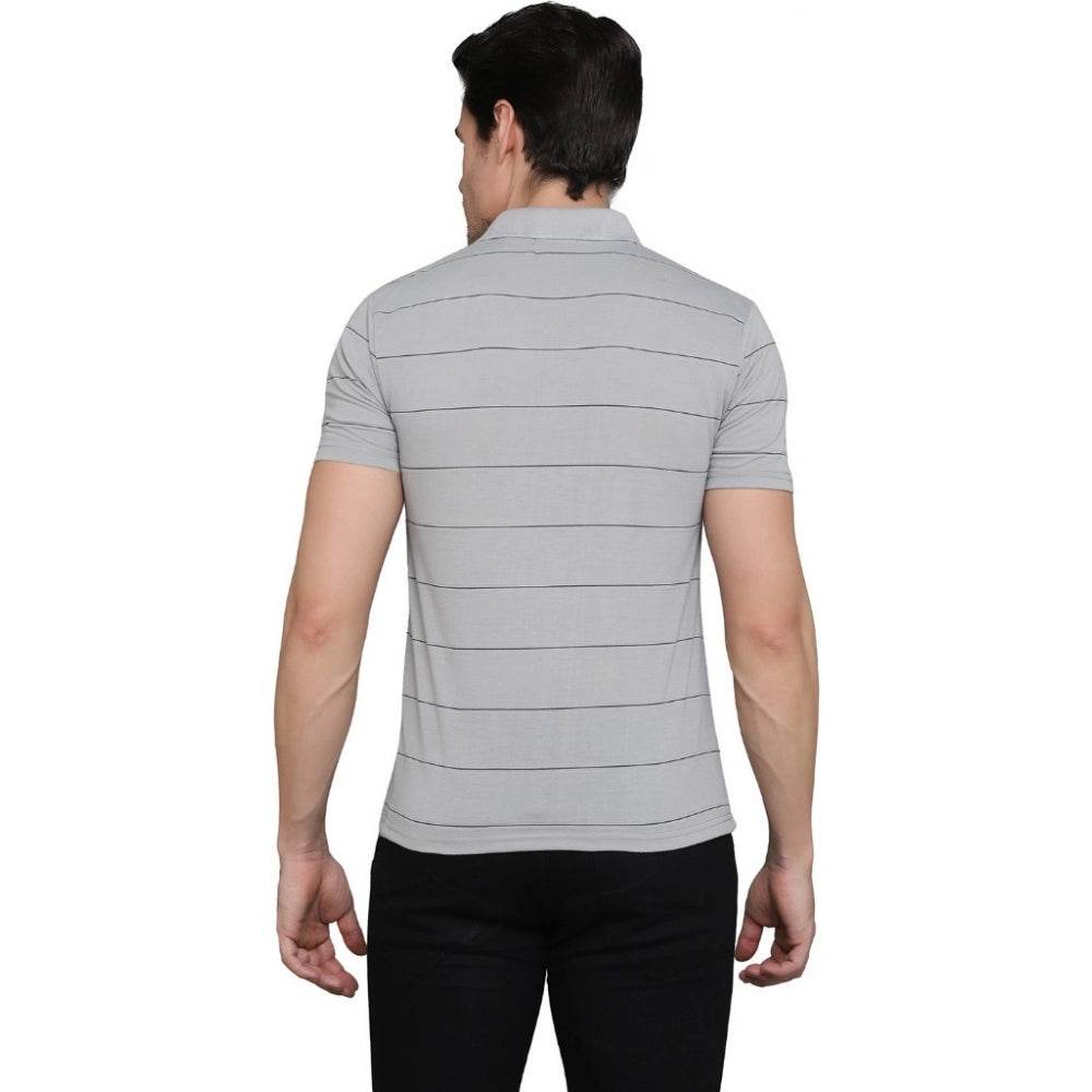 Generic Men's Casual Half Sleeve Striped Cotton Blended Polo Neck T-shirt (L.Grey) - MYLUXURY LANE ENTERPRISE