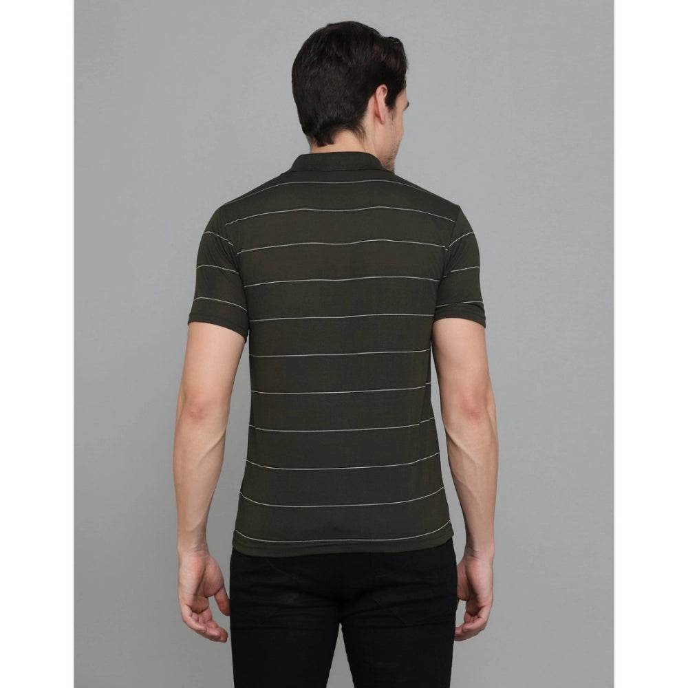 Generic Men's Casual Half Sleeve Striped Cotton Blended Polo Neck T-shirt (Green) - MYLUXURY LANE ENTERPRISE