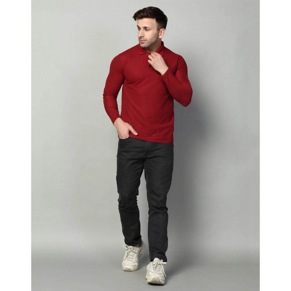 Generic Men's Casual Full Sleeve Solid Cotton Blended Polo Neck T-shirt (Maroon) - MYLUXURY LANE ENTERPRISE
