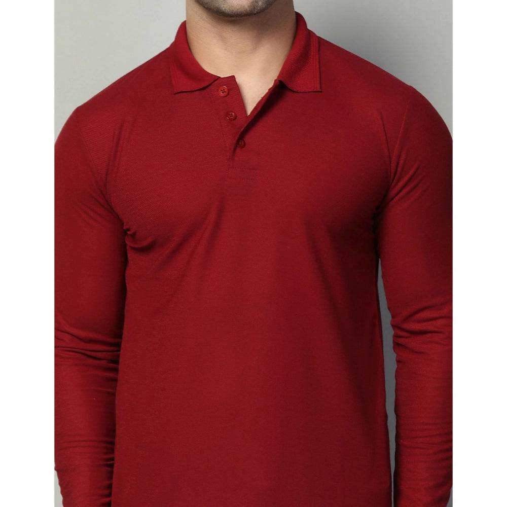 Generic Men's Casual Full Sleeve Solid Cotton Blended Polo Neck T-shirt (Maroon) - MYLUXURY LANE ENTERPRISE