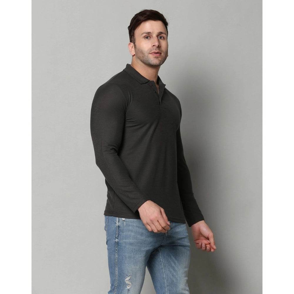 Generic Men's Casual Full Sleeve Solid Cotton Blended Polo Neck T-shirt (D.Grey) - MYLUXURY LANE ENTERPRISE