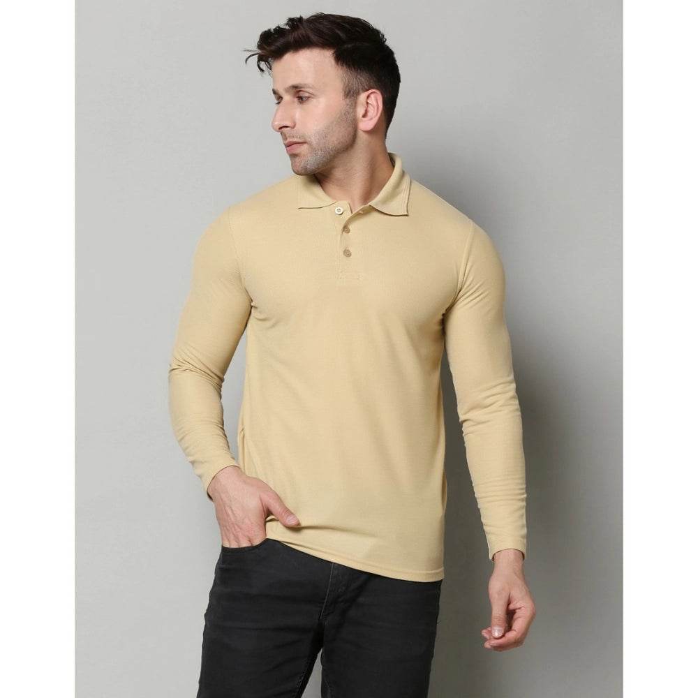 Generic Men's Casual Full Sleeve Solid Cotton Blended Polo Neck T-shirt (Beige) - MYLUXURY LANE ENTERPRISE