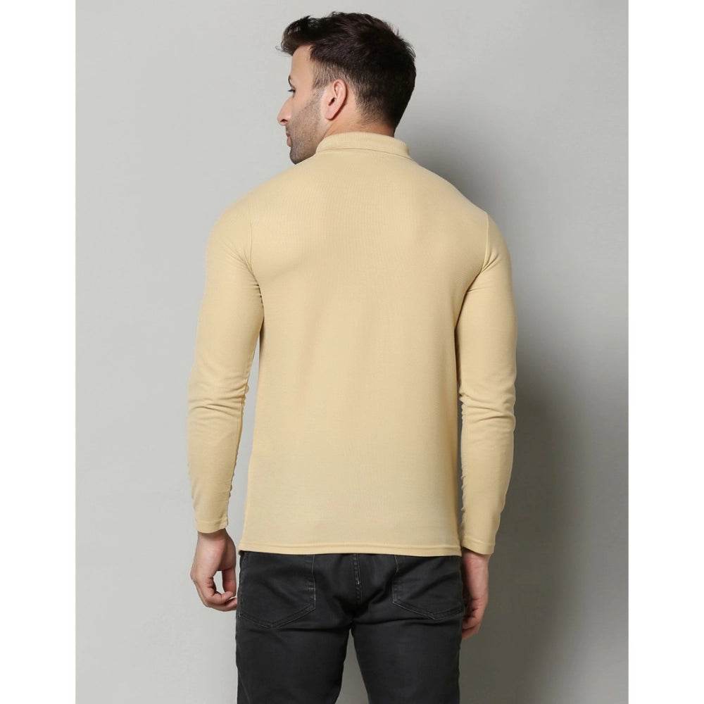 Generic Men's Casual Full Sleeve Solid Cotton Blended Polo Neck T-shirt (Beige) - MYLUXURY LANE ENTERPRISE