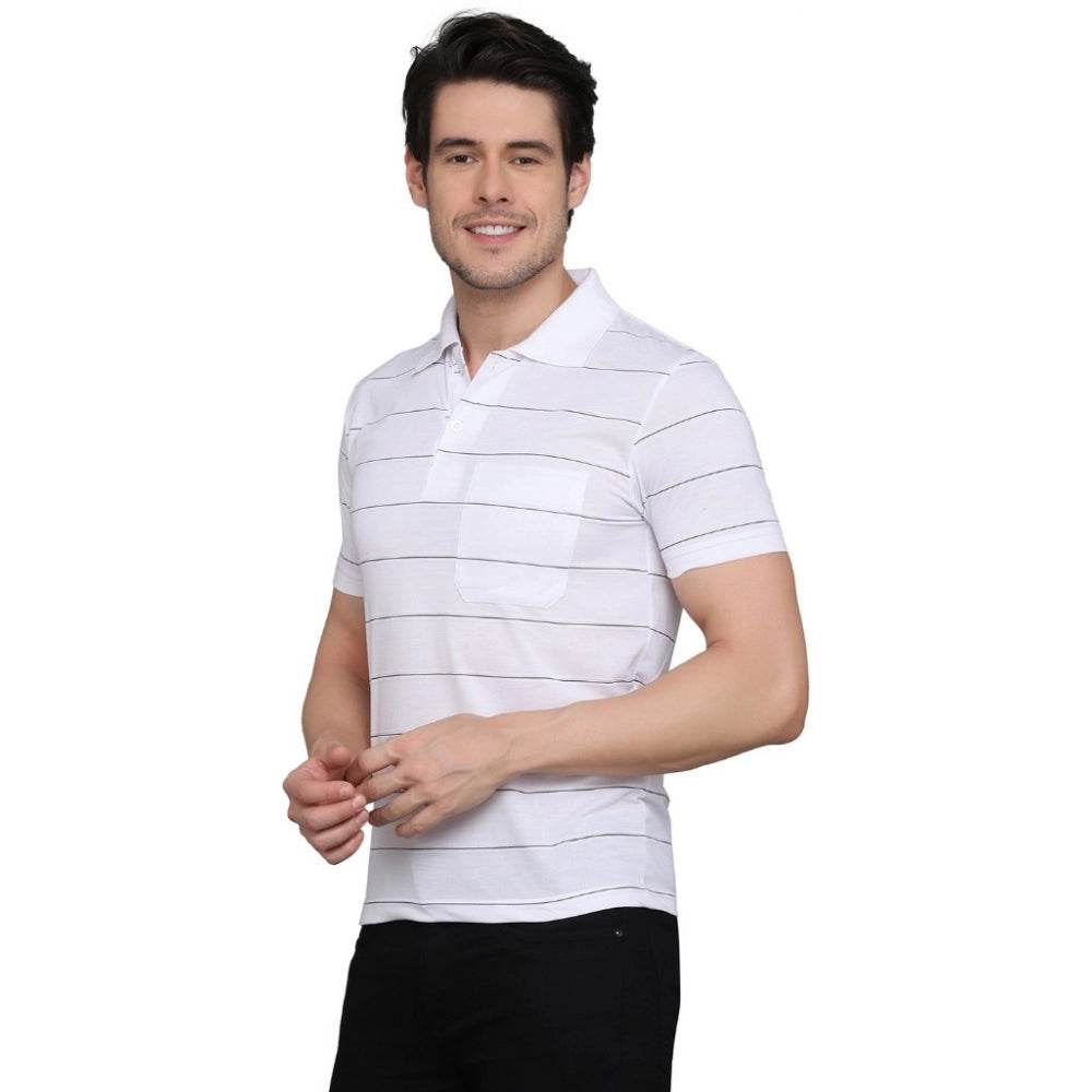 Generic Men's Casual Half Sleeve Striped Cotton Blended Polo Neck T-shirt (White) - MYLUXURY LANE ENTERPRISE