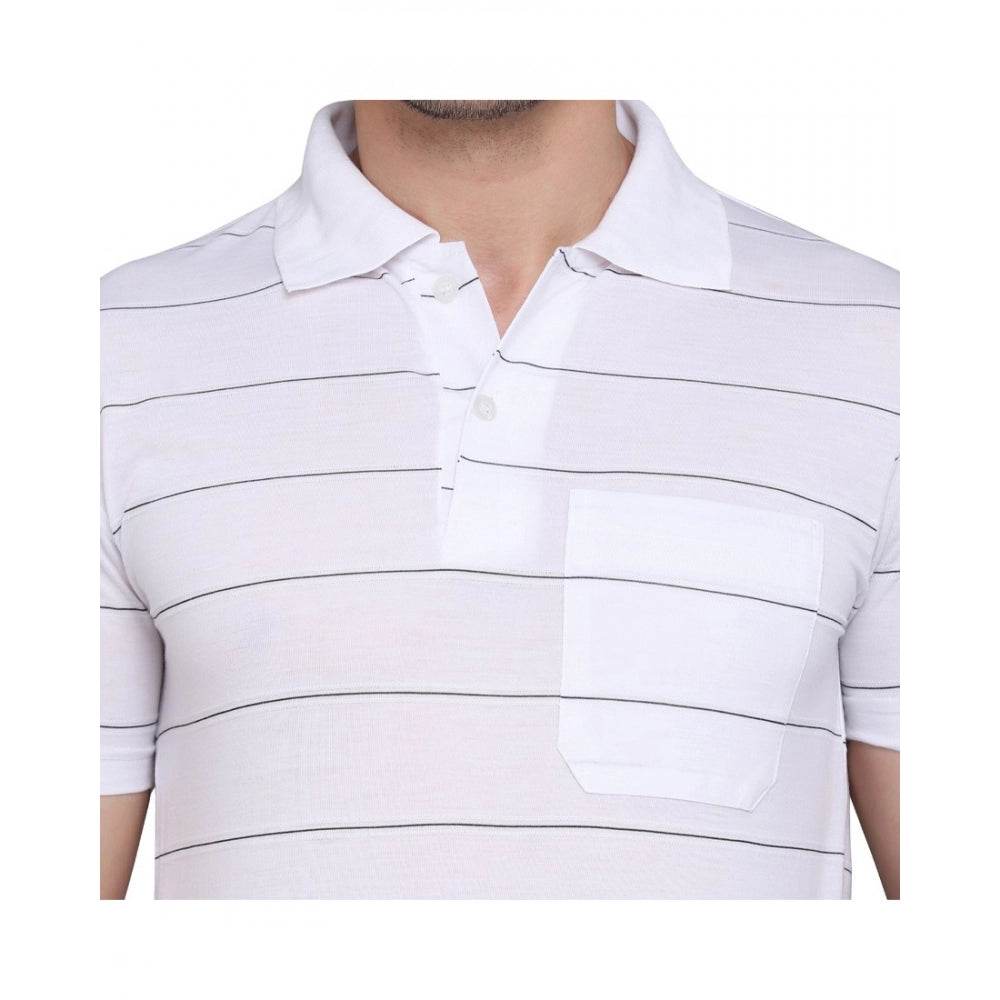 Generic Men's Casual Half Sleeve Striped Cotton Blended Polo Neck T-shirt (White) - MYLUXURY LANE ENTERPRISE