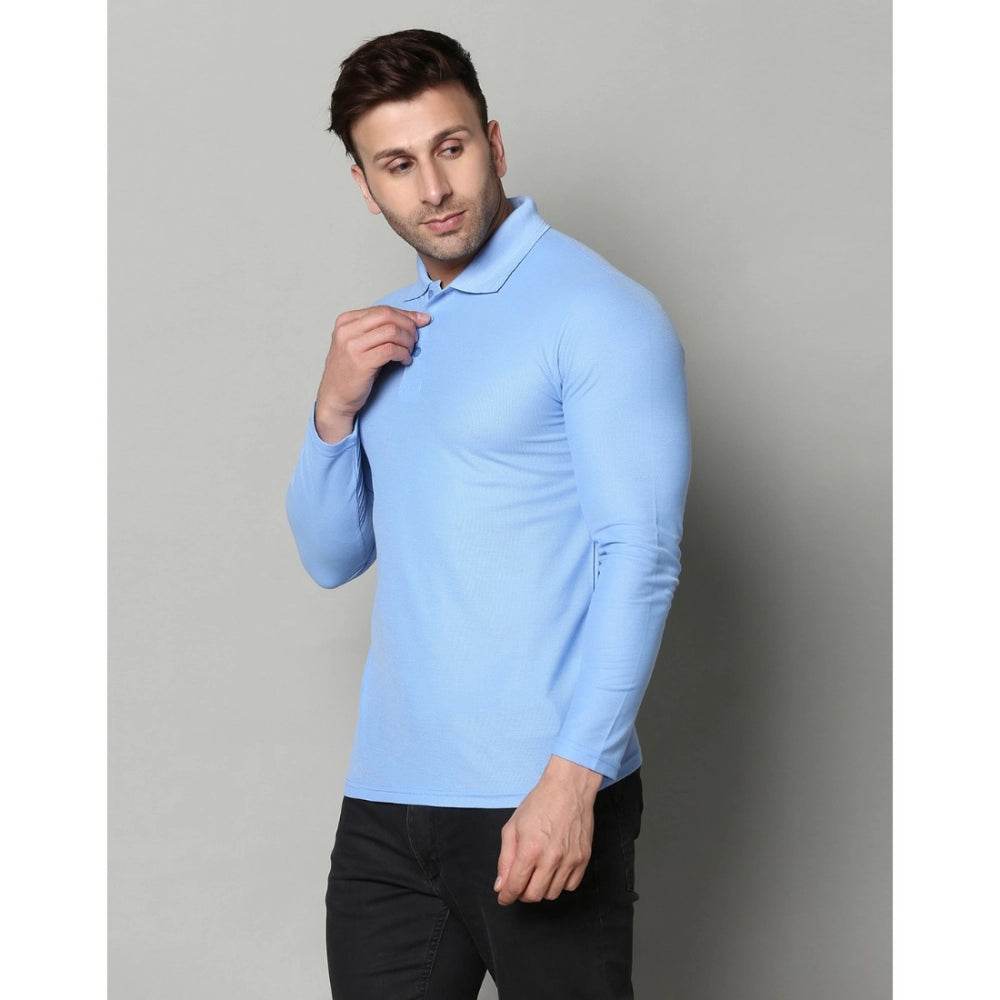 Generic Men's Casual Full Sleeve Solid Cotton Blended Polo Neck T-shirt (Sky) - MYLUXURY LANE ENTERPRISE