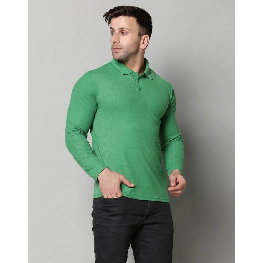 Generic Men's Casual Full Sleeve Solid Cotton Blended Polo Neck T-shirt (P.Green) - MYLUXURY LANE ENTERPRISE