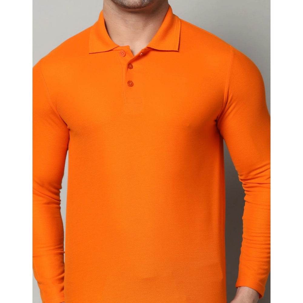 Generic Men's Casual Full Sleeve Solid Cotton Blended Polo Neck T-shirt (Orange) - MYLUXURY LANE ENTERPRISE