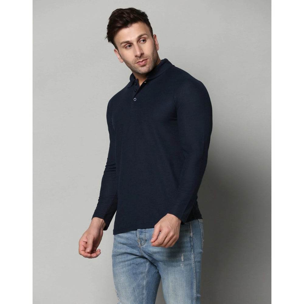 Generic Men's Casual Full Sleeve Solid Cotton Blended Polo Neck T-shirt (Navy) - MYLUXURY LANE ENTERPRISE