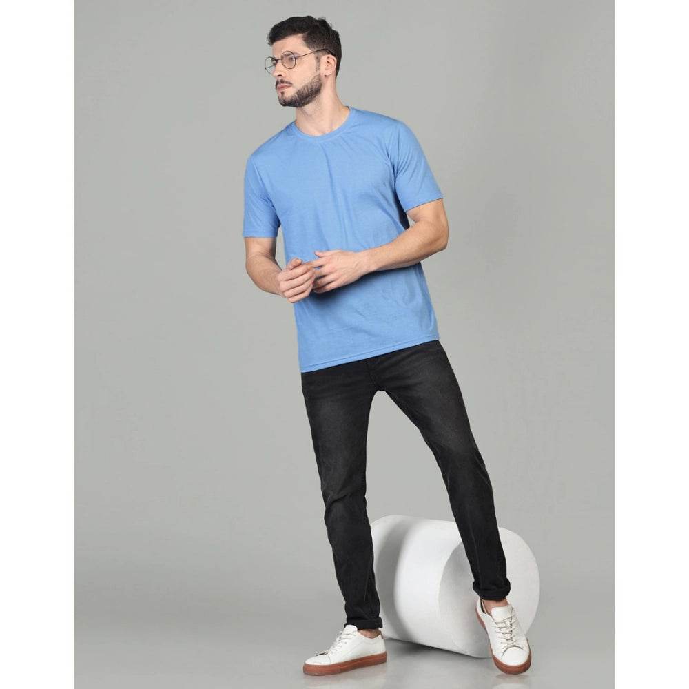Generic Men's Casual Half Sleeve Solid Cotton Blended Round Neck T-shirt (Sky) - MYLUXURY LANE ENTERPRISE