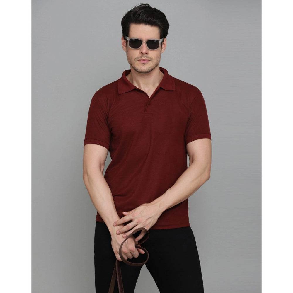 Generic Men's Casual Half Sleeve Solid Cotton Blended Polo Neck T-shirt (Maroon) - MYLUXURY LANE ENTERPRISE