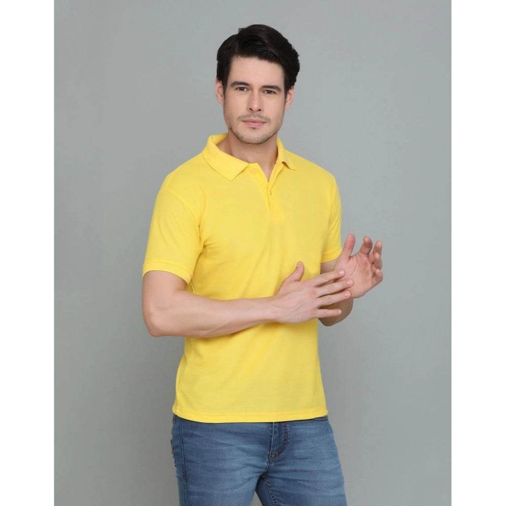 Generic Men's Casual Half Sleeve Solid Cotton Blended Polo Neck T-shirt (Yellow) - MYLUXURY LANE ENTERPRISE