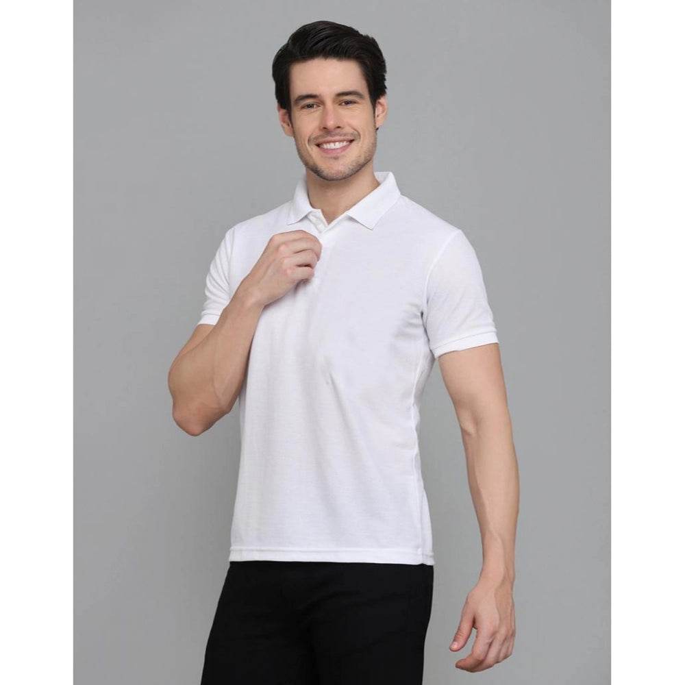 Generic Men's Casual Half Sleeve Solid Cotton Blended Polo Neck T-shirt (White) - MYLUXURY LANE ENTERPRISE