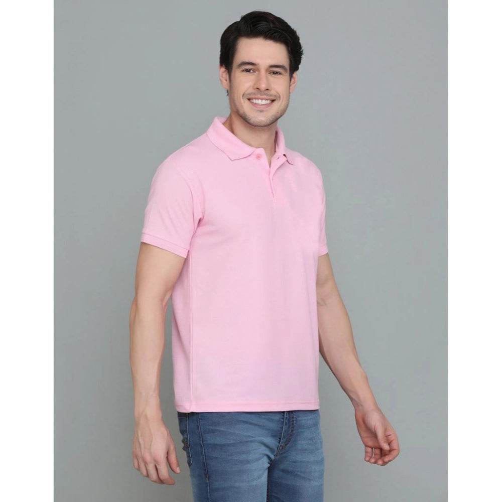 Generic Men's Casual Half Sleeve Solid Cotton Blended Polo Neck T-shirt (Pink) - MYLUXURY LANE ENTERPRISE