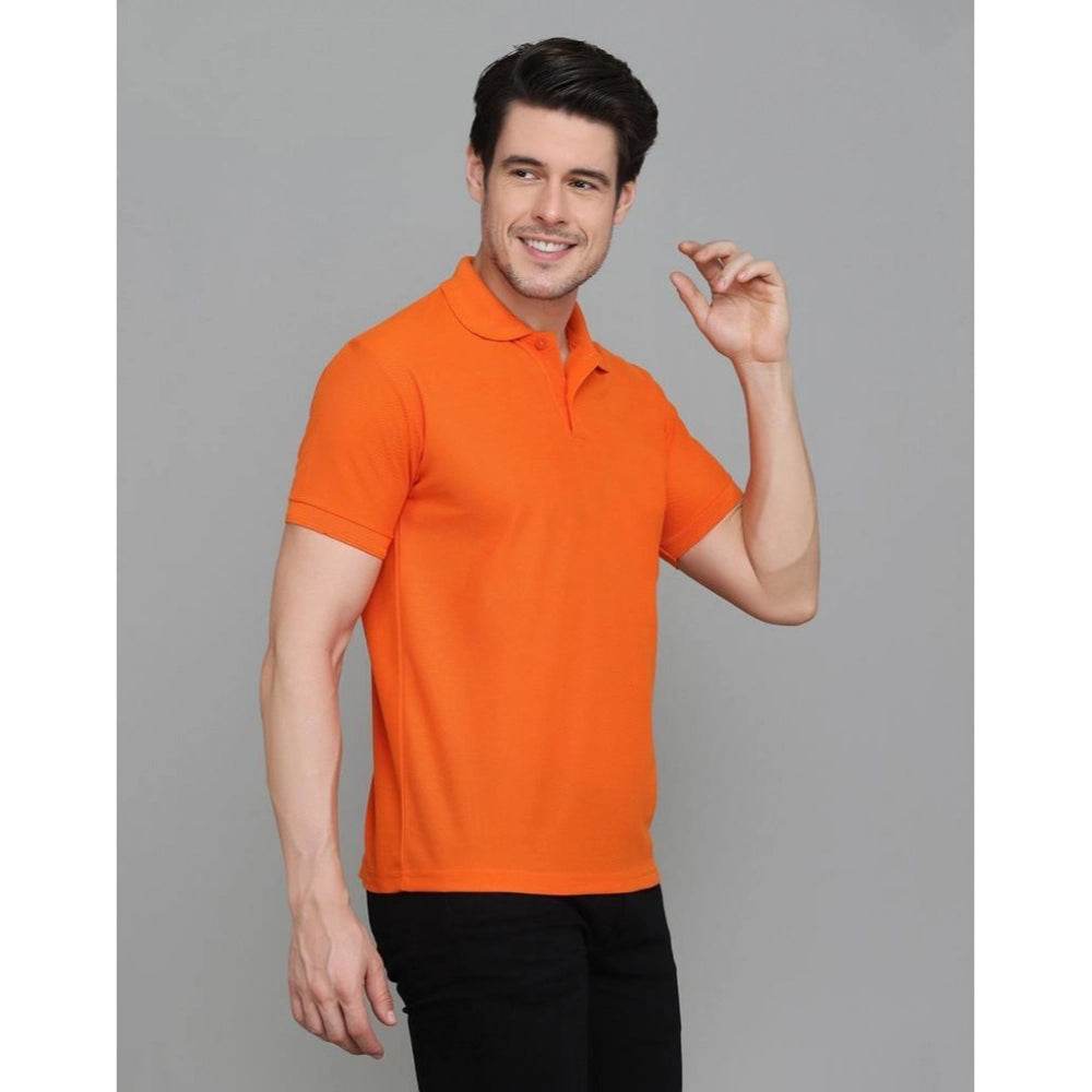 Generic Men's Casual Half Sleeve Solid Cotton Blended Polo Neck T-shirt (Orange) - MYLUXURY LANE ENTERPRISE