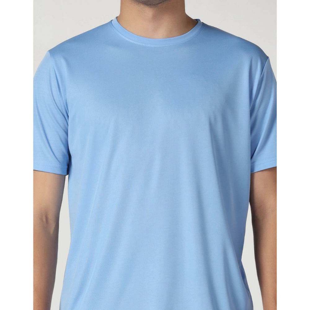 Generic Men's Casual Half Sleeve Solid Polyester Round Neck T-shirt (Sky) - MYLUXURY LANE ENTERPRISE