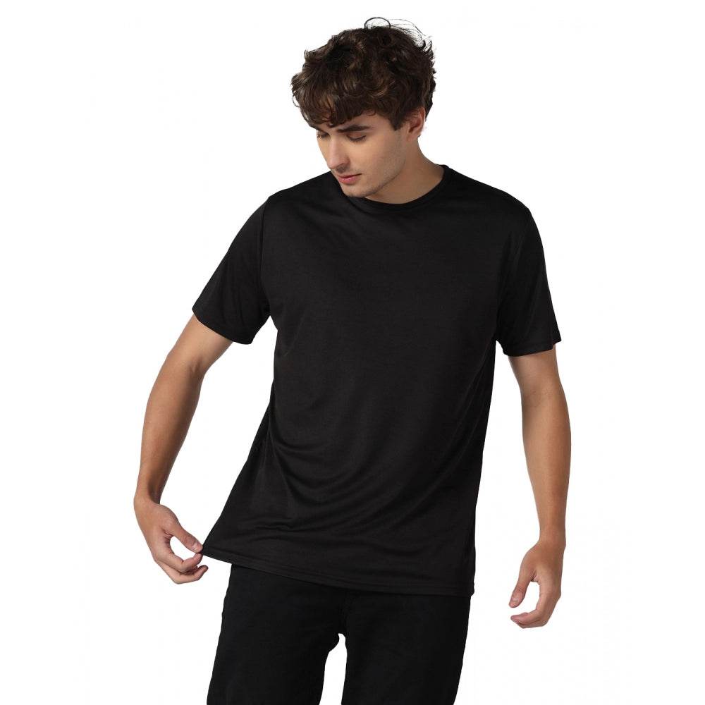 Generic Men's Casual Half Sleeve Solid Polyester Round Neck T-shirt (Black) - MYLUXURY LANE ENTERPRISE