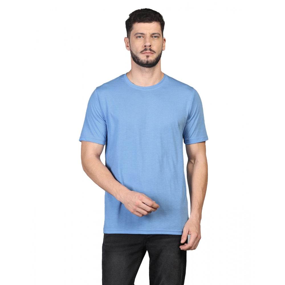 Generic Men's Casual Half Sleeve Solid Cotton Blended Round Neck T-shirt (Sky) - MYLUXURY LANE ENTERPRISE