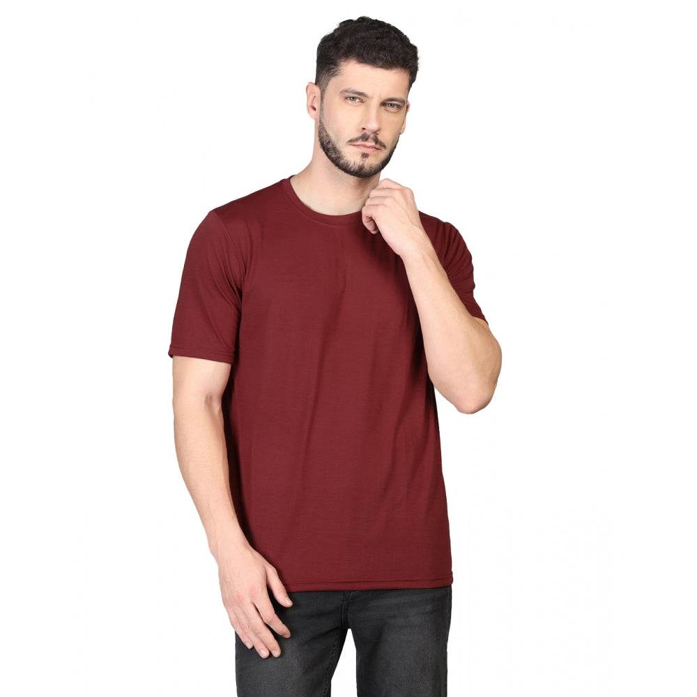 Generic Men's Casual Half Sleeve Solid Cotton Blended Round Neck T-shirt (Maroon) - MYLUXURY LANE ENTERPRISE
