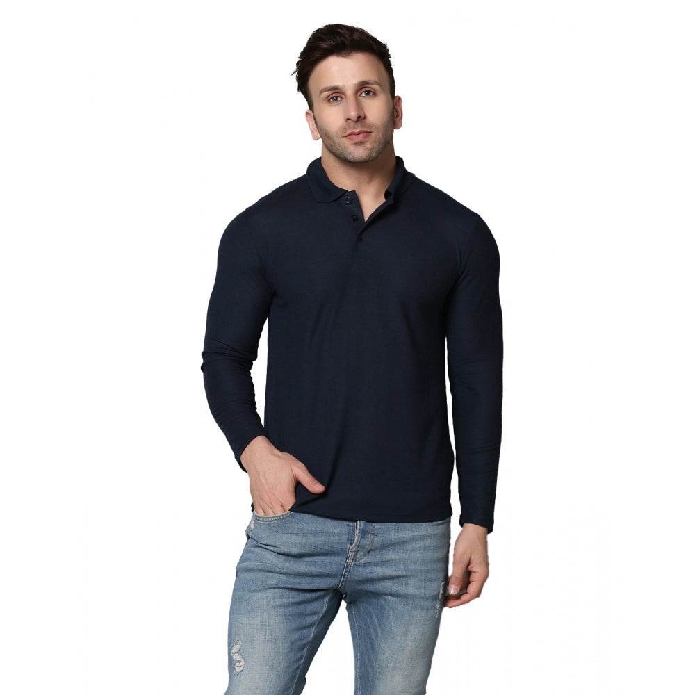Generic Men's Casual Full Sleeve Solid Cotton Blended Polo Neck T-shirt (Navy) - MYLUXURY LANE ENTERPRISE