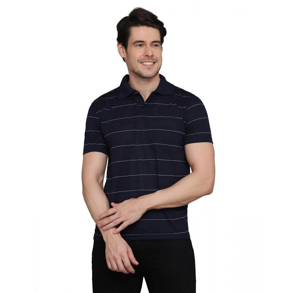 Generic Men's Casual Half Sleeve Striped Cotton Blended Polo Neck T-shirt (Navy) - MYLUXURY LANE ENTERPRISE