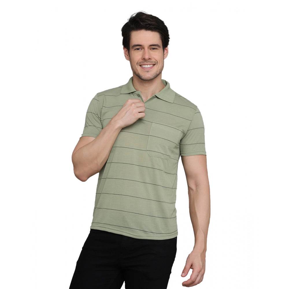 Generic Men's Casual Half Sleeve Striped Cotton Blended Polo Neck T-shirt (L.Green) - MYLUXURY LANE ENTERPRISE