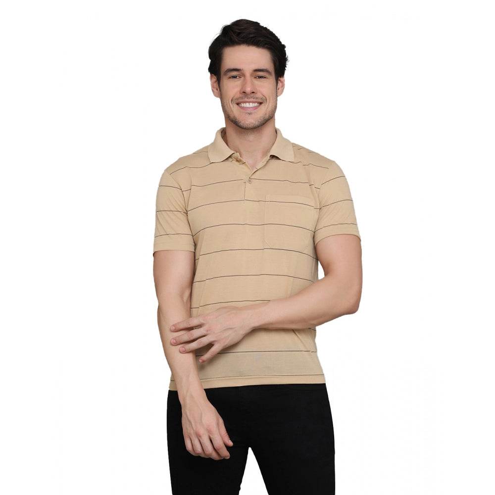 Generic Men's Casual Half Sleeve Striped Cotton Blended Polo Neck T-shirt (L.Beige) - MYLUXURY LANE ENTERPRISE