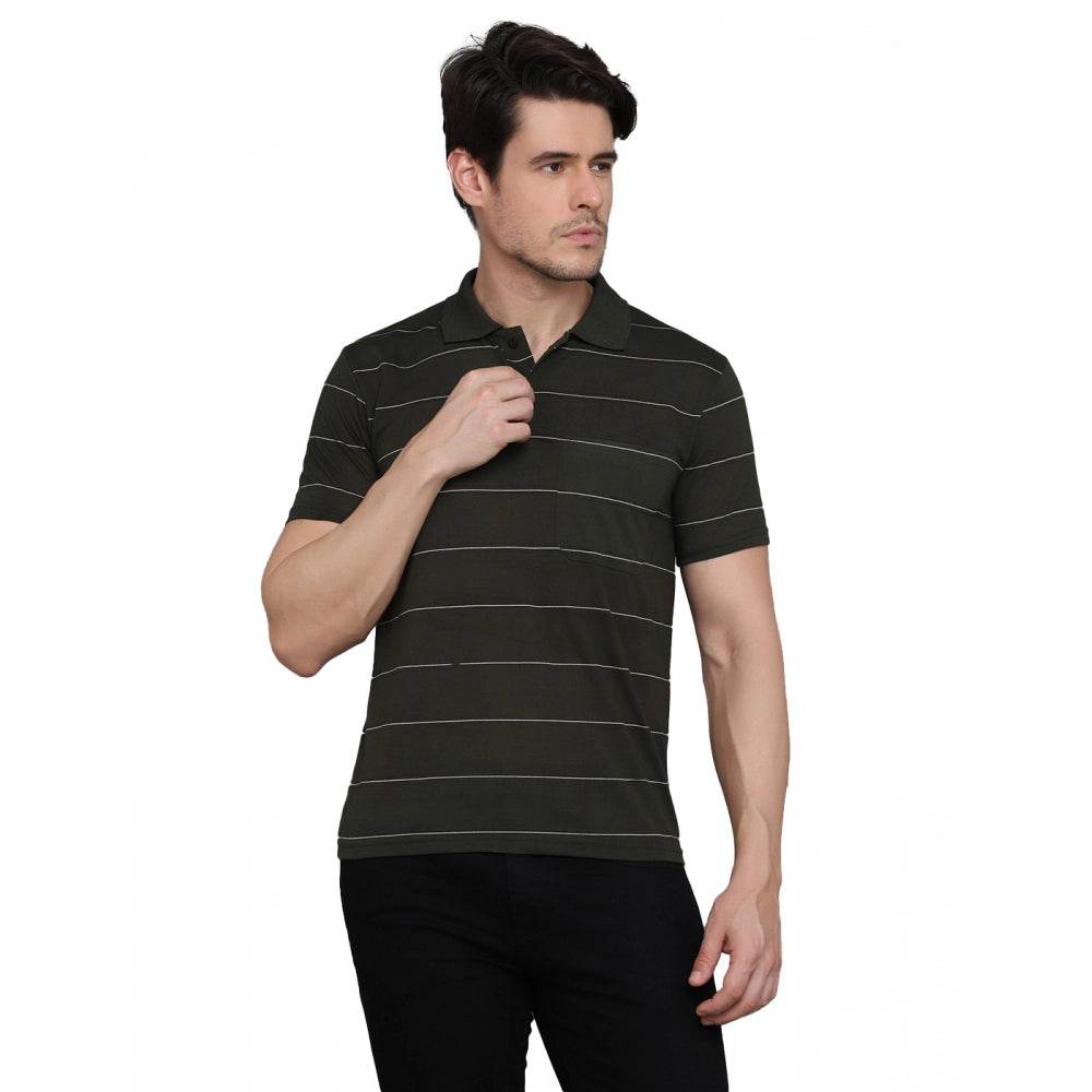 Generic Men's Casual Half Sleeve Striped Cotton Blended Polo Neck T-shirt (Green) - MYLUXURY LANE ENTERPRISE