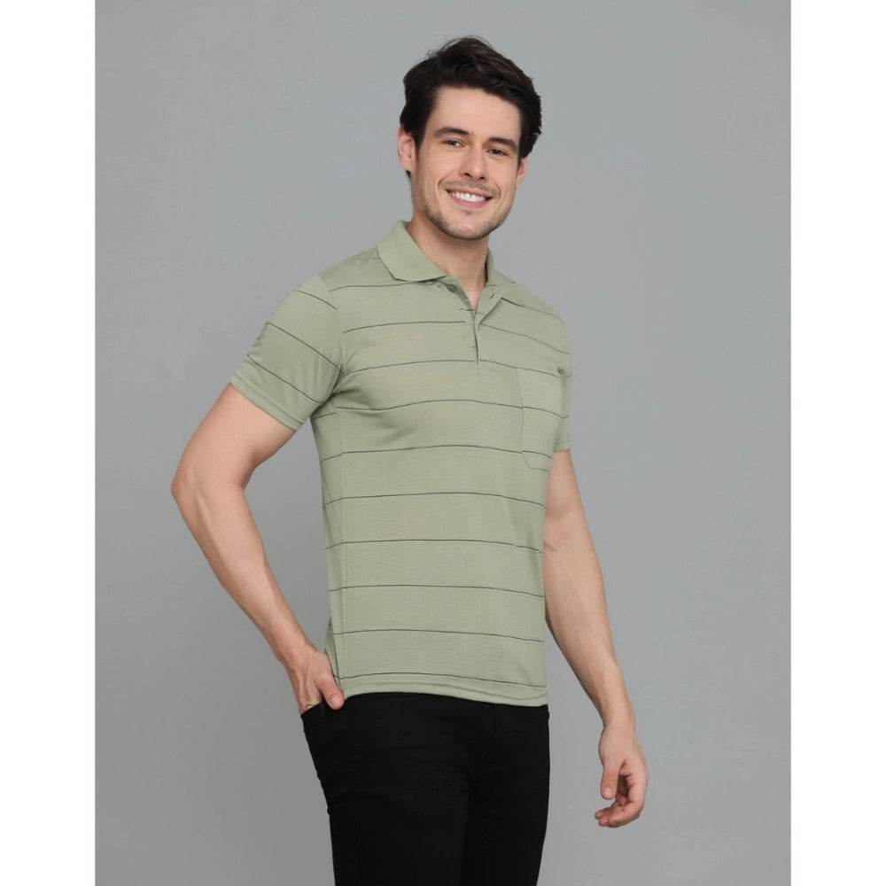 Generic Men's Casual Half Sleeve Striped Cotton Blended Polo Neck T-shirt (L.Green) - MYLUXURY LANE ENTERPRISE