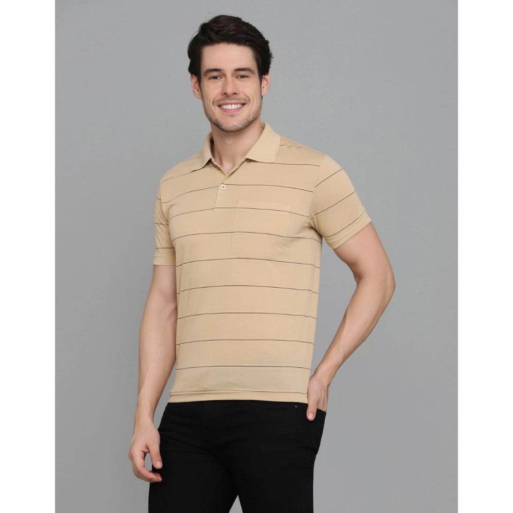Generic Men's Casual Half Sleeve Striped Cotton Blended Polo Neck T-shirt (L.Beige) - MYLUXURY LANE ENTERPRISE
