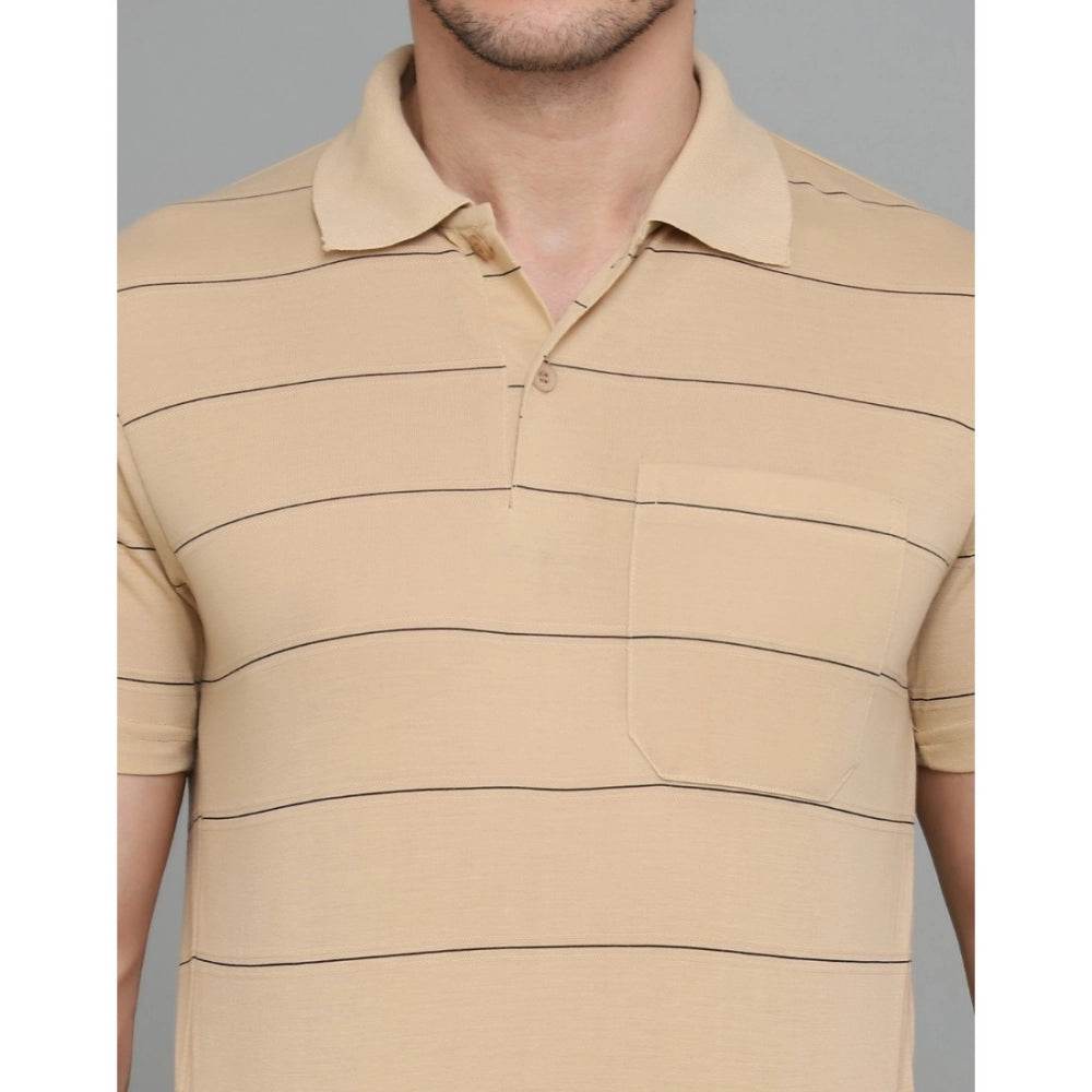 Generic Men's Casual Half Sleeve Striped Cotton Blended Polo Neck T-shirt (L.Beige) - MYLUXURY LANE ENTERPRISE