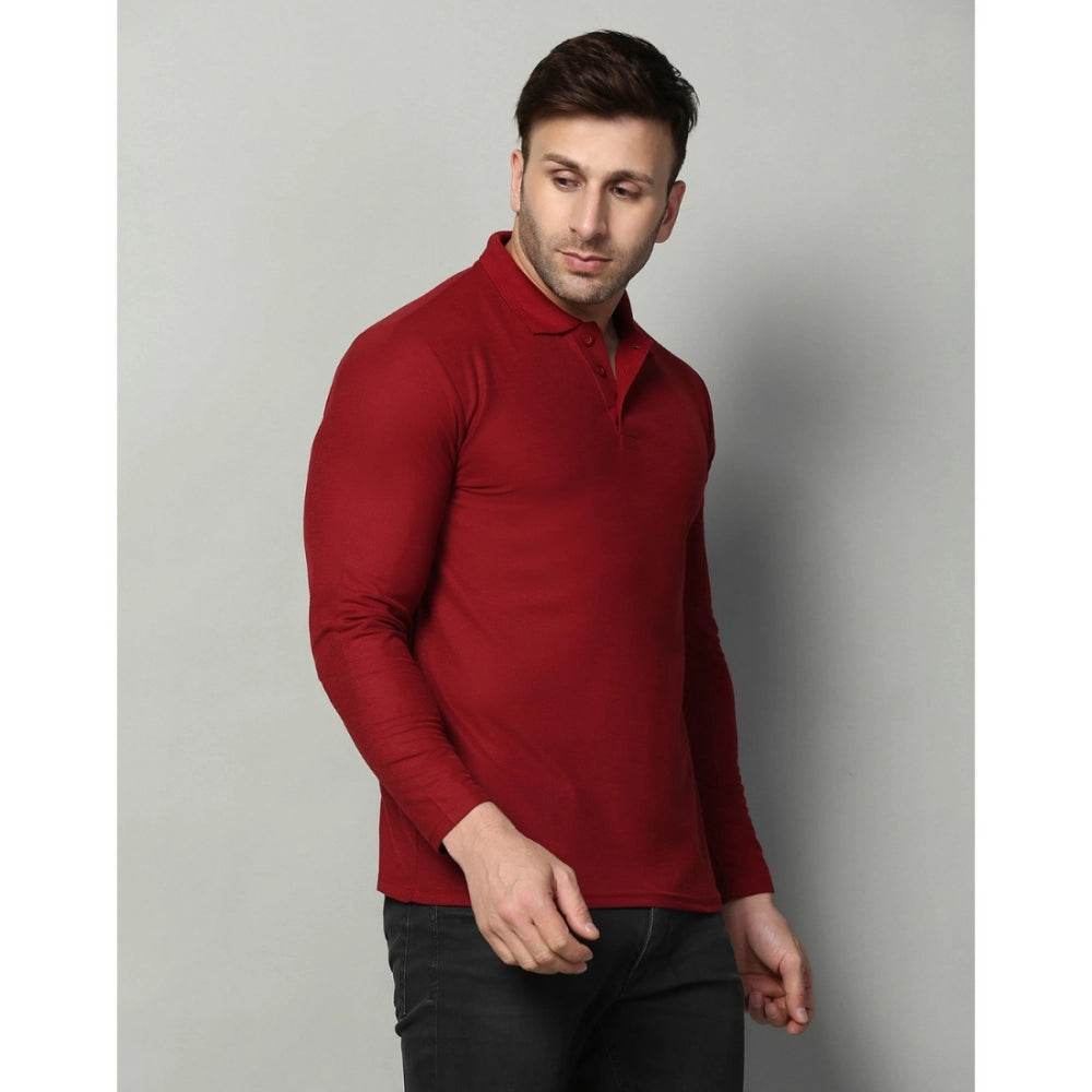 Generic Men's Casual Full Sleeve Solid Cotton Blended Polo Neck T-shirt (Maroon) - MYLUXURY LANE ENTERPRISE