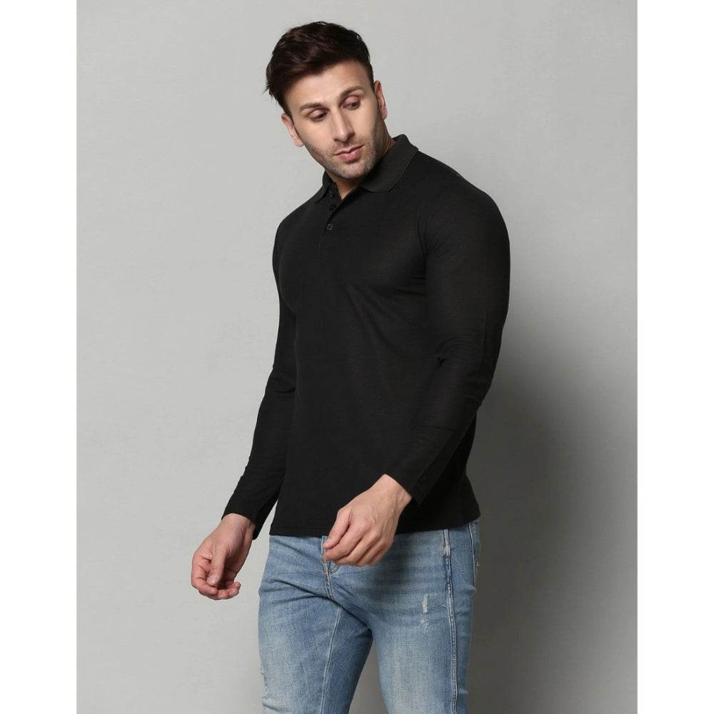 Generic Men's Casual Full Sleeve Solid Cotton Blended Polo Neck T-shirt (Black) - MYLUXURY LANE ENTERPRISE