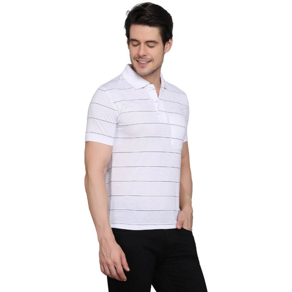 Generic Men's Casual Half Sleeve Striped Cotton Blended Polo Neck T-shirt (White) - MYLUXURY LANE ENTERPRISE