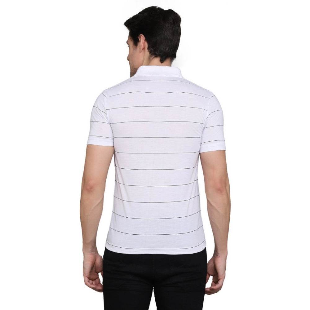 Generic Men's Casual Half Sleeve Striped Cotton Blended Polo Neck T-shirt (White) - MYLUXURY LANE ENTERPRISE