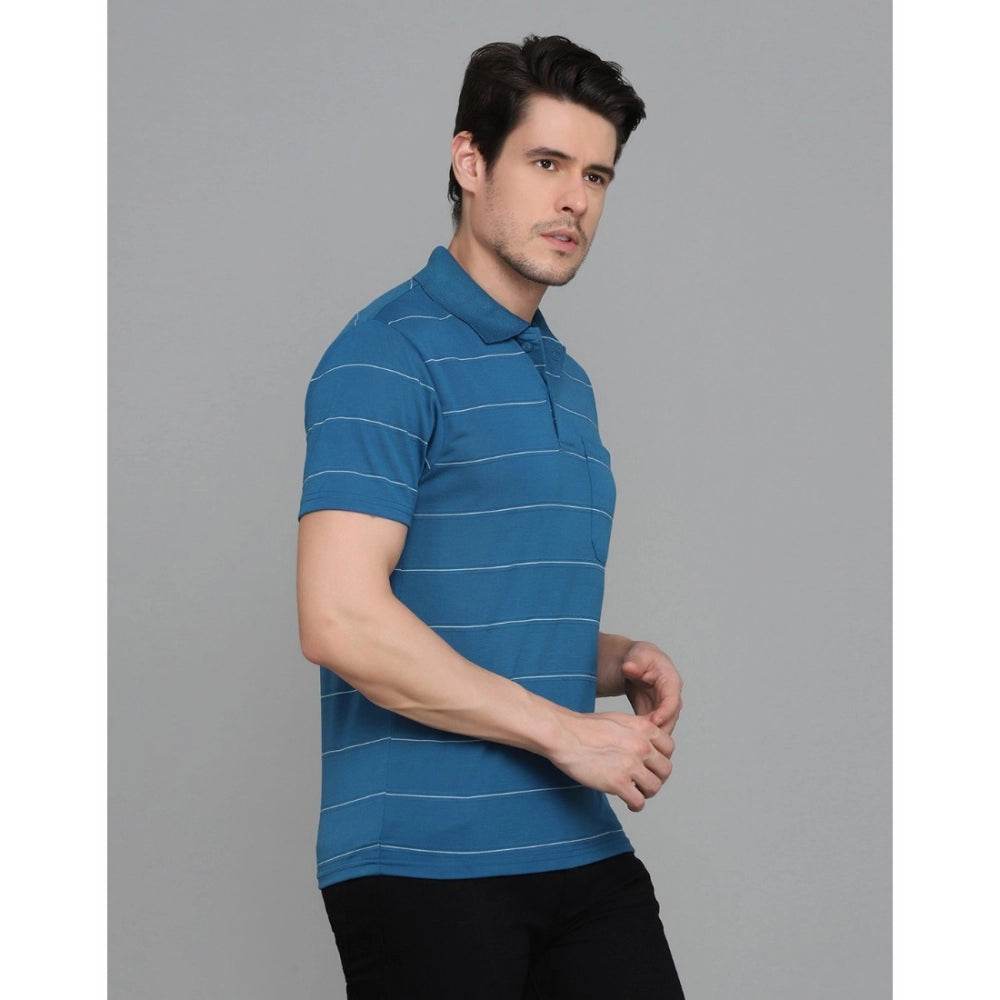 Generic Men's Casual Half Sleeve Striped Cotton Blended Polo Neck T-shirt (Teel Blue) - MYLUXURY LANE ENTERPRISE