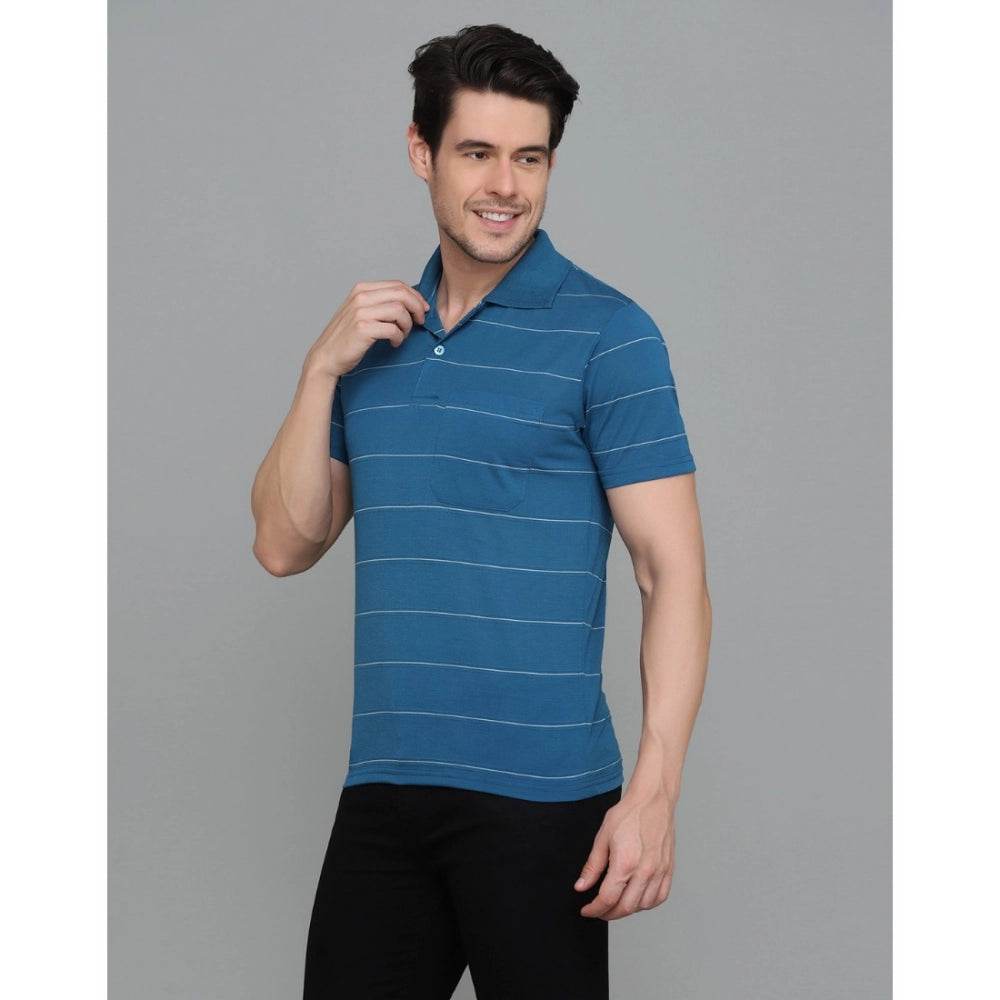 Generic Men's Casual Half Sleeve Striped Cotton Blended Polo Neck T-shirt (Teel Blue) - MYLUXURY LANE ENTERPRISE