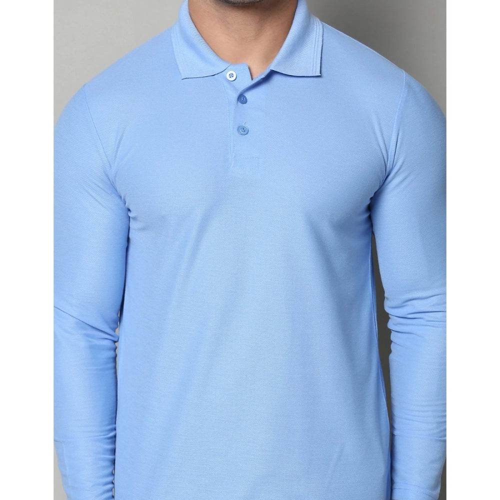 Generic Men's Casual Full Sleeve Solid Cotton Blended Polo Neck T-shirt (Sky) - MYLUXURY LANE ENTERPRISE