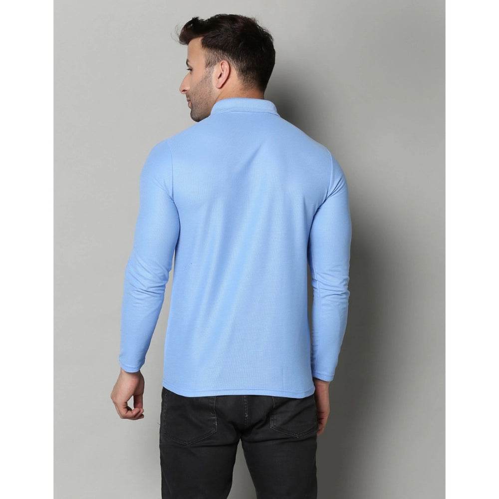 Generic Men's Casual Full Sleeve Solid Cotton Blended Polo Neck T-shirt (Sky) - MYLUXURY LANE ENTERPRISE