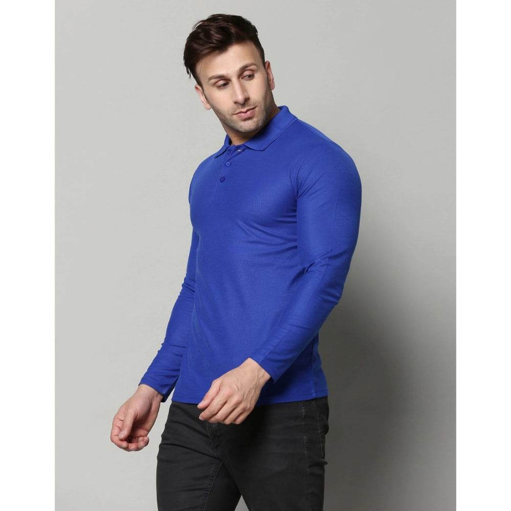 Generic Men's Casual Full Sleeve Solid Cotton Blended Polo Neck T-shirt (Royal) - MYLUXURY LANE ENTERPRISE