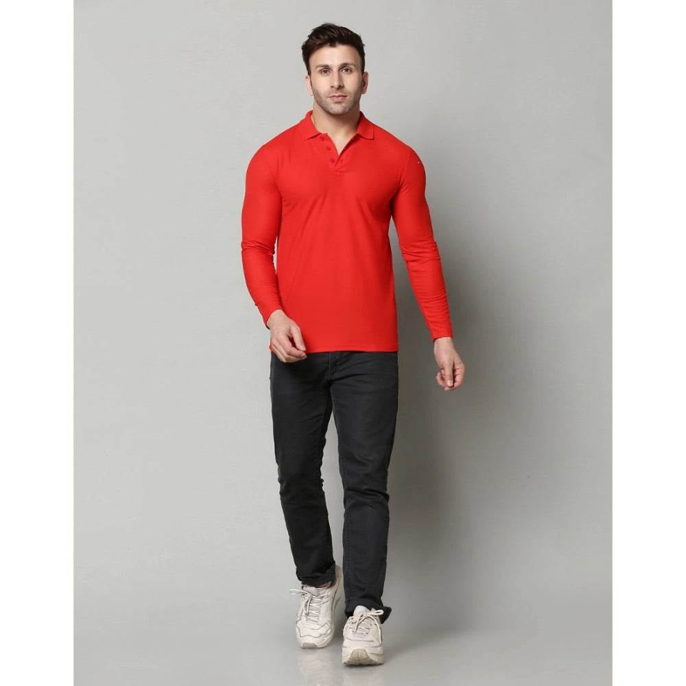 Generic Men's Casual Full Sleeve Solid Cotton Blended Polo Neck T-shirt (Red) - MYLUXURY LANE ENTERPRISE