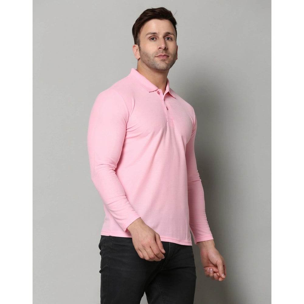 Generic Men's Casual Full Sleeve Solid Cotton Blended Polo Neck T-shirt (Pink) - MYLUXURY LANE ENTERPRISE