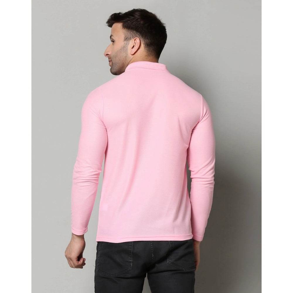 Generic Men's Casual Full Sleeve Solid Cotton Blended Polo Neck T-shirt (Pink) - MYLUXURY LANE ENTERPRISE