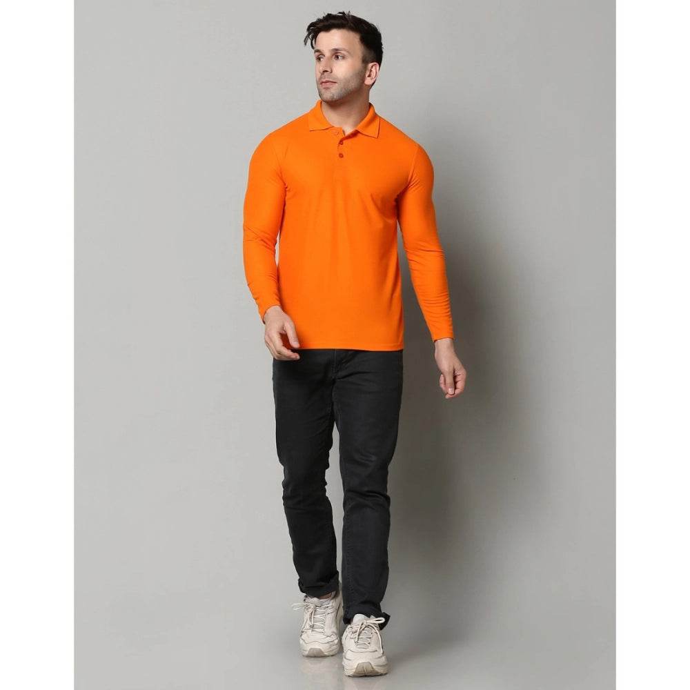 Generic Men's Casual Full Sleeve Solid Cotton Blended Polo Neck T-shirt (Orange) - MYLUXURY LANE ENTERPRISE