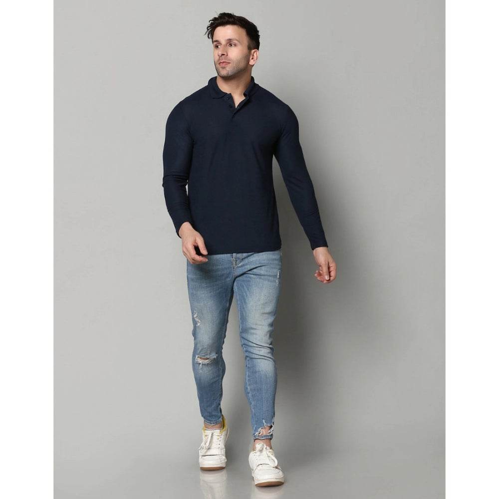 Generic Men's Casual Full Sleeve Solid Cotton Blended Polo Neck T-shirt (Navy) - MYLUXURY LANE ENTERPRISE