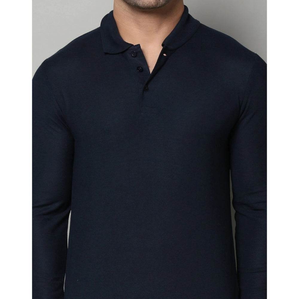 Generic Men's Casual Full Sleeve Solid Cotton Blended Polo Neck T-shirt (Navy) - MYLUXURY LANE ENTERPRISE