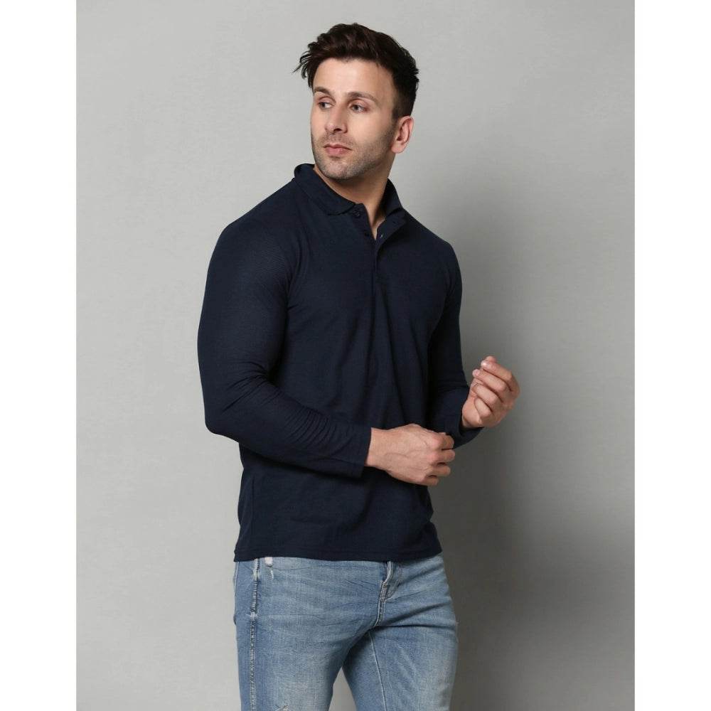 Generic Men's Casual Full Sleeve Solid Cotton Blended Polo Neck T-shirt (Navy) - MYLUXURY LANE ENTERPRISE