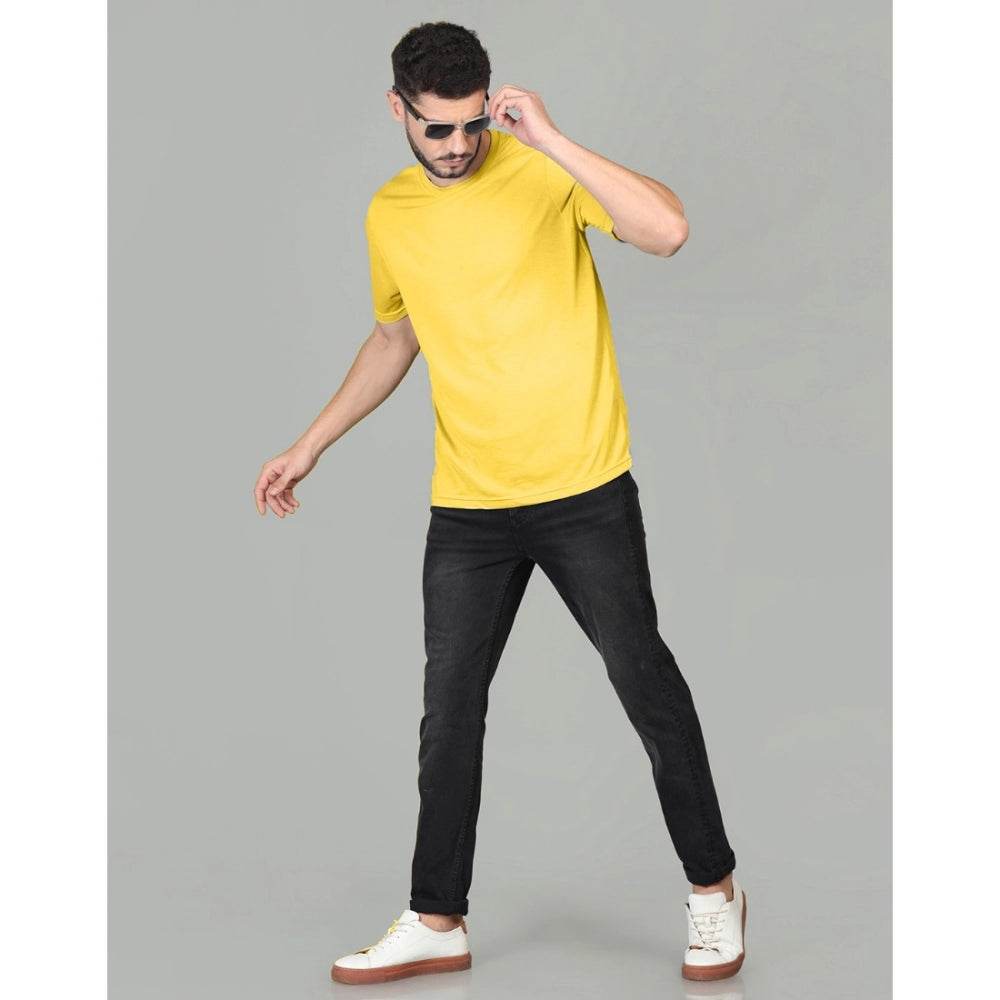 Generic Men's Casual Half Sleeve Solid Cotton Blended Round Neck T-shirt (Yellow) - MYLUXURY LANE ENTERPRISE