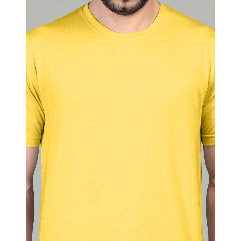 Generic Men's Casual Half Sleeve Solid Cotton Blended Round Neck T-shirt (Yellow) - MYLUXURY LANE ENTERPRISE